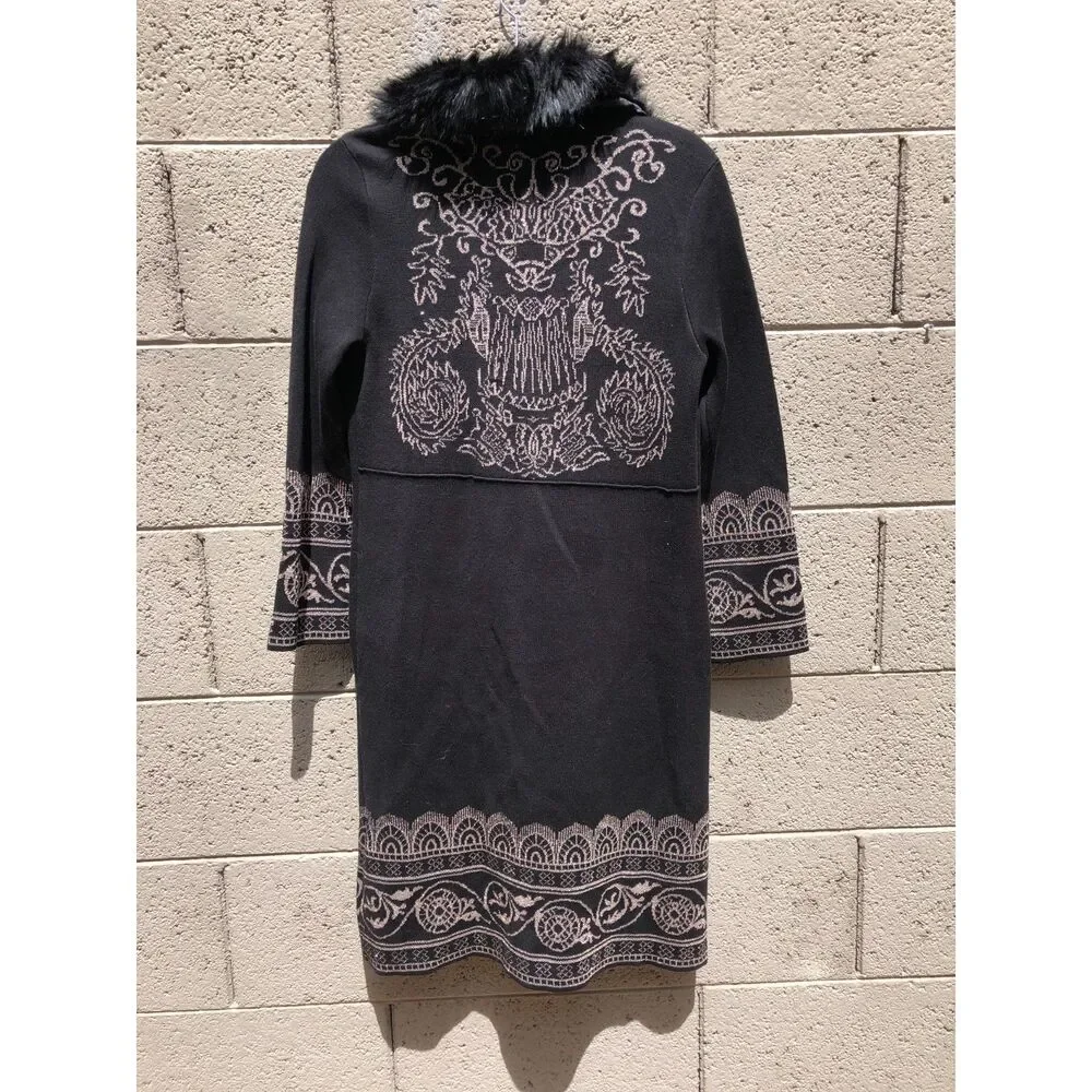 NWT Chicos Faux Fur Collar Lurex Cardigan Sweater Long Black Gold Metallic 0P/ S